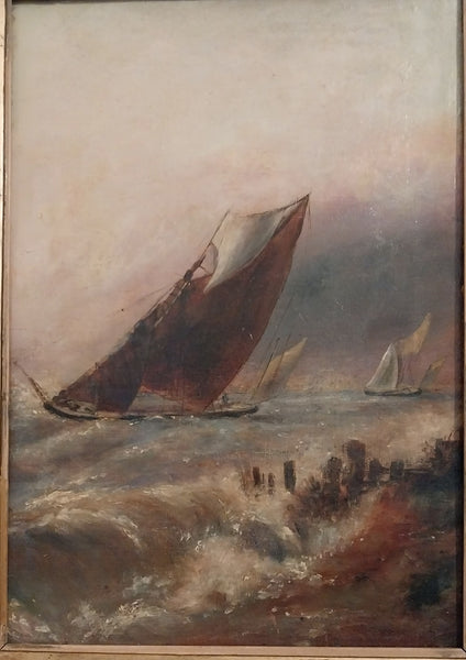 George Rowe Original Antique 19th Century British Schooner Sailboat Coastal Scene Gouache Oil Painting