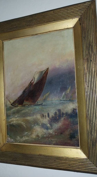 George Rowe Original Antique 19th Century British Schooner Sailboat Coastal Scene Gouache Oil Painting