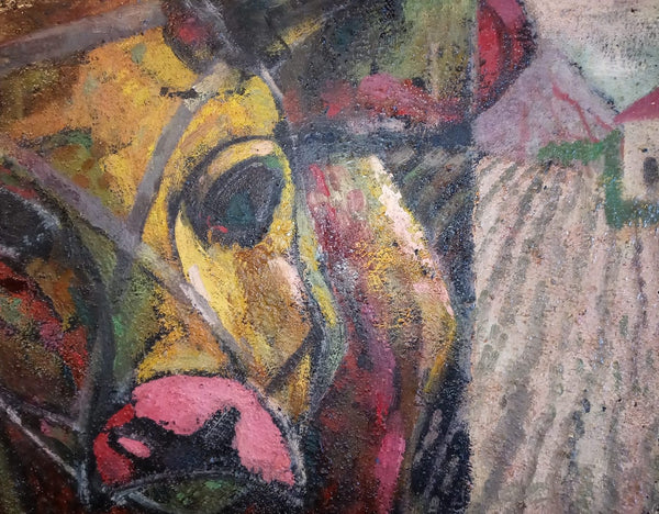 Grace Lydia Golden Original Vintage Contemporary Post War British Expressionist Royal College of Art Genre Mixed Media Painting Oxen Plowing Farmland