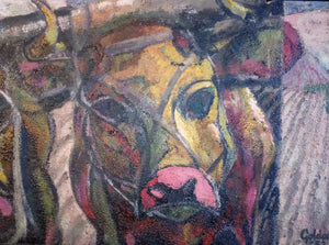 Grace Lydia Golden Original Vintage Contemporary Post War British Expressionist Royal College of Art Genre Mixed Media Painting Oxen Plowing Farmland