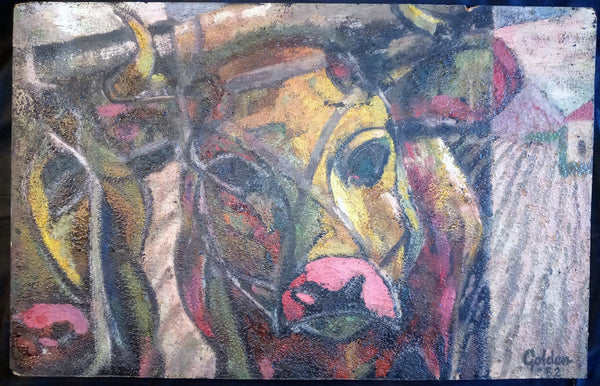 Grace Lydia Golden Original Vintage Contemporary Post War British Expressionist Royal College of Art Genre Mixed Media Painting Oxen Plowing Farmland