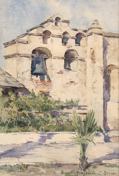 Benjamin Chambers Brown Vintage Antique Original California Plein Air Impressionist Fine Art Oil Painting of San Gabriel Mission