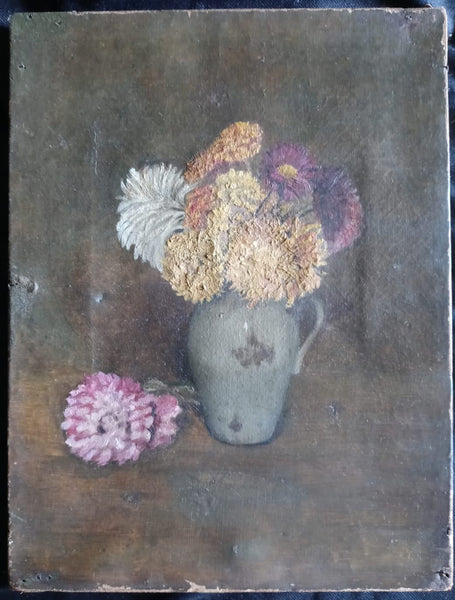 Henri Fantin-Latour Attributed Original 19th Century Antique Parisian French Realism School Symbolism European Still Life Oil Painting of a Floral Arrangement and Dahlia Flowers in a Vase