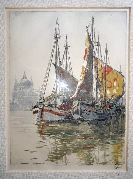 Hans Figura Vintage European Venice Italy Boats in a Harbor Scene Etching Aquatint Post War Austrian Framed Art