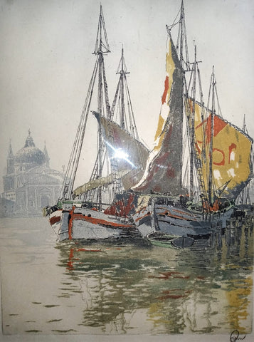 Hans Figura Vintage European Venice Italy Boats in a Harbor Scene Etching Aquatint Post War Austrian Framed Art