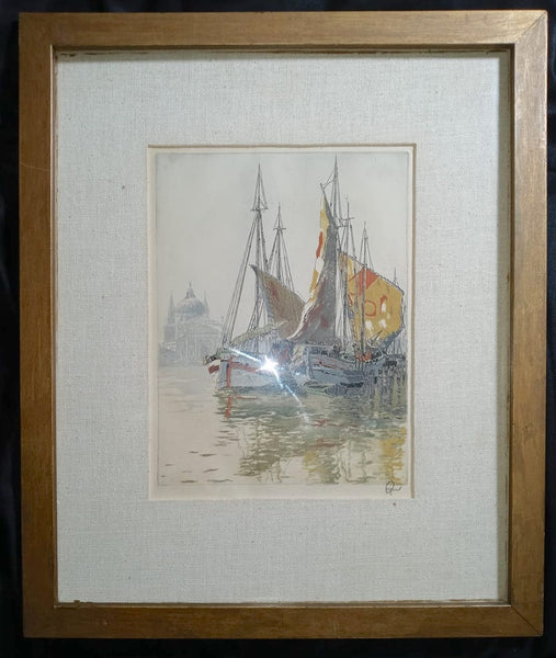 Hans Figura Vintage European Venice Italy Boats in a Harbor Scene Etching Aquatint Post War Austrian Framed Art