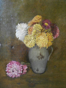 Henri Fantin-Latour Attributed Original 19th Century Antique Parisian French Realism School Symbolism European Still Life Oil Painting of a Floral Arrangement and Dahlia Flowers in a Vase