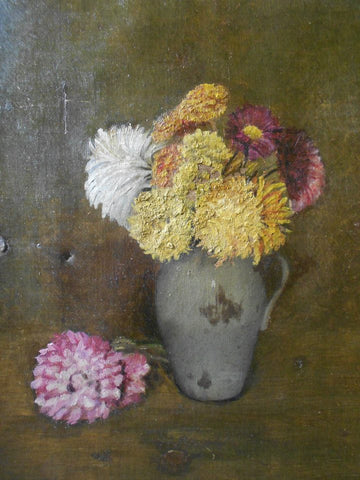 Henri Fantin-Latour Attributed Original 19th Century Antique Parisian French Realism School Symbolism European Still Life Oil Painting of a Floral Arrangement and Dahlia Flowers in a Vase