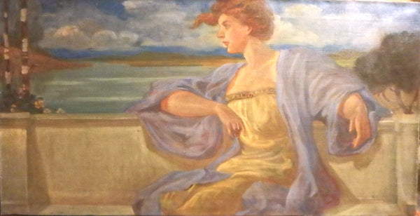 Henry Siddons Mowbray Original Antique Panoramic New York City NYC American Renaissance Allegorical Scene Neoclassicism Capri Landscape Oil Painting