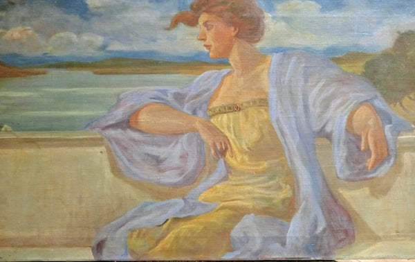 Henry Siddons Mowbray Original Antique Panoramic New York City NYC American Renaissance Allegorical Scene Neoclassicism Capri Landscape Oil Painting