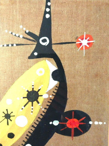 Joan Miró Original Vintage Surreal Birds Abstract Pictorial Signs Composition Gouache on Textile Spanish Painting