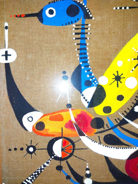 Joan Miró Original Vintage Surreal Birds Abstract Pictorial Signs Composition Gouache on Textile Spanish Painting