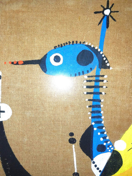 Joan Miró Original Vintage Surreal Birds Abstract Pictorial Signs Composition Gouache on Textile Spanish Painting