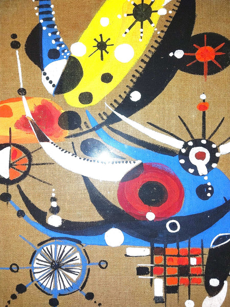 Joan Miró Original Vintage Surreal Birds With Abstract Pictorial Signs Expressionism Composition Gouache on Sackcloth Textile Canvas Ecole de Paris Catalan Spanish Painting Circa 1944-1945