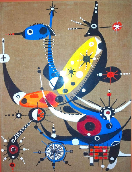 Joan Miró Original Vintage Surreal Birds Abstract Pictorial Signs Composition Gouache on Textile Spanish Painting