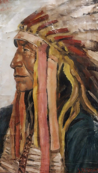 Joseph Henry Sharp Original Vintage Antique Taos Society New Mexico School of Art Portrait Oil Painting on Canvas Native America Sioux Chief Flat Iron Blackbird Sioux Pine Ridge Reservation South Dakota cir. 1905