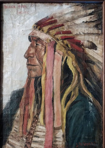 Joseph Henry Sharp Original Vintage Antique Taos Society New Mexico School of Art Portrait Oil Painting on Canvas Native America Sioux Chief Flat Iron Blackbird Sioux Pine Ridge Reservation South Dakota cir. 1905