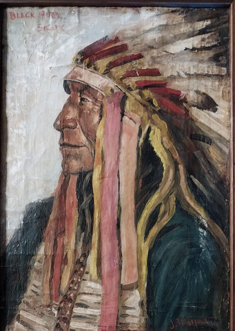 Joseph Henry Sharp Original Vintage Antique Taos Society New Mexico School of Art Portrait Oil Painting on Canvas Native America Sioux Chief Flat Iron Blackbird Sioux Pine Ridge Reservation South Dakota cir. 1905