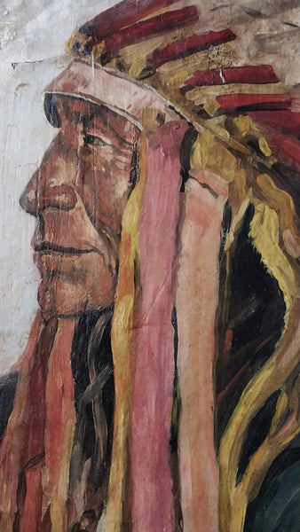 Joseph Henry Sharp Original Vintage Antique Taos Society New Mexico School of Art Portrait Oil Painting on Canvas Native America Sioux Chief Flat Iron Blackbird Sioux Pine Ridge Reservation South Dakota cir. 1905