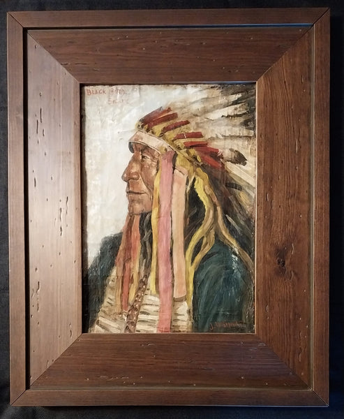 Joseph Henry Sharp Original Vintage Antique Taos Society New Mexico School of Art Portrait Oil Painting on Canvas Native America Sioux Chief Flat Iron Blackbird Sioux Pine Ridge Reservation South Dakota cir. 1905