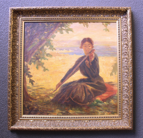 Karl Albert Buehr Original Antique American Giverny Colony Impressionist Violinist in Pastoral California Landscape Oil Painting
