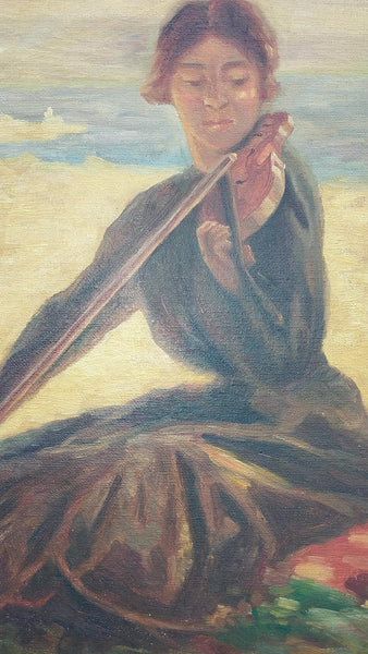 Karl Albert Buehr Original Antique American Giverny Colony Impressionist Violinist in Pastoral California Landscape Oil Painting