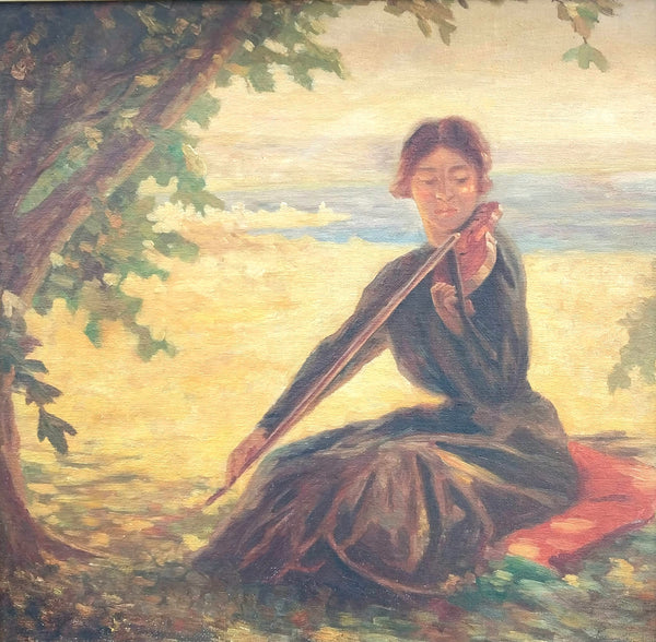 Karl Albert Buehr Original Antique American Giverny Colony Impressionist Violinist in Pastoral California Landscape Oil Painting