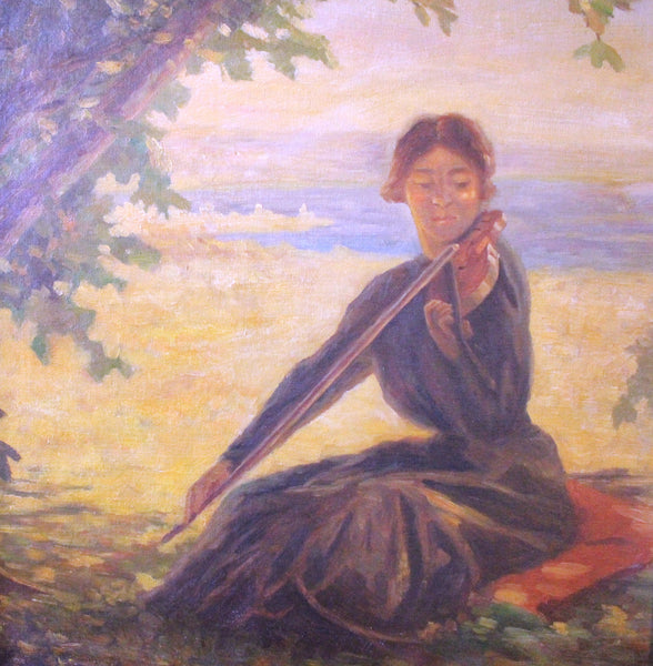 Karl Albert Buehr Original Antique American Giverny Colony Impressionist Violinist in Pastoral California Landscape Oil Painting