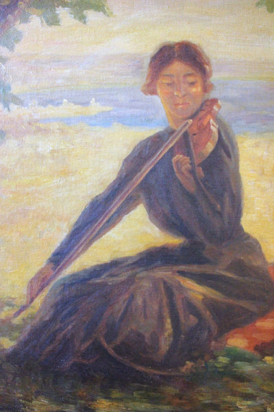Karl Albert Buehr Original Antique American Giverny Colony Impressionist Violinist in Pastoral California Landscape Oil Painting