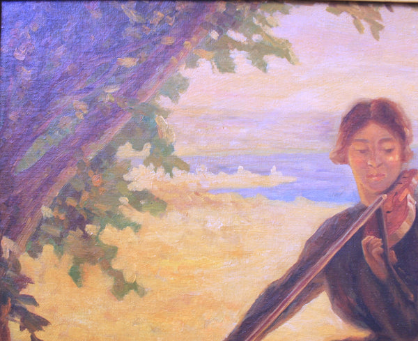 Karl Albert Buehr Original Antique American Giverny Colony Impressionist Violinist in Pastoral California Landscape Oil Painting