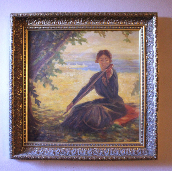 Karl Albert Buehr Original Antique American Giverny Colony Impressionist Violinist in Pastoral California Landscape Oil Painting
