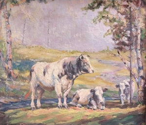 Original Antique Edward Charles Volkert Attributed Cattle Sunlit Spring Landscape American Impressionist Oil Painting