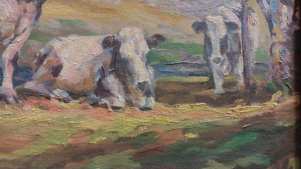 Original Antique Edward Charles Volkert Attributed Cattle Sunlit Spring Landscape American Impressionist Oil Painting