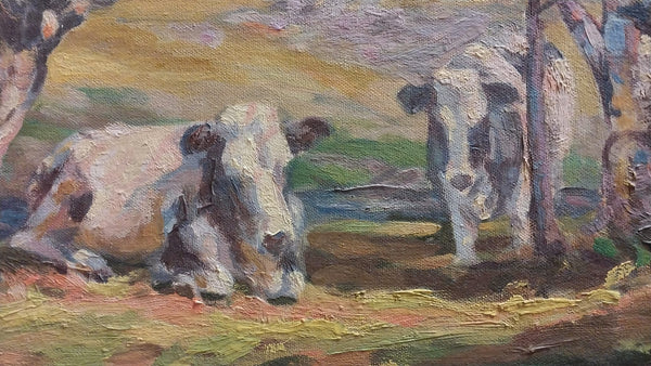 Original Antique Edward Charles Volkert Attributed Cattle Sunlit Spring Landscape American Impressionist Oil Painting