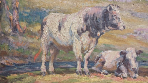 Original Antique Edward Charles Volkert Attributed Cattle Sunlit Spring Landscape American Impressionist Oil Painting