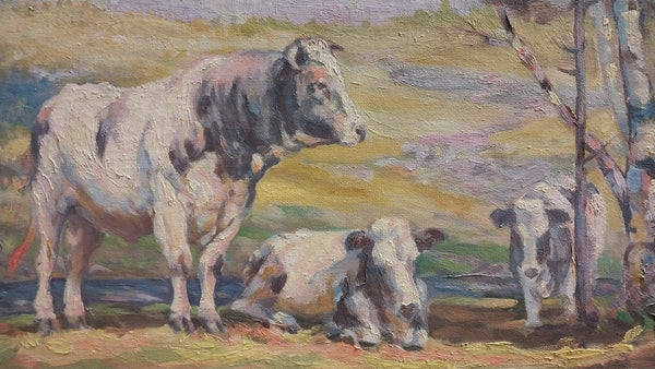 Original Antique Edward Charles Volkert Attributed Cattle Sunlit Spring Landscape American Impressionist Oil Painting