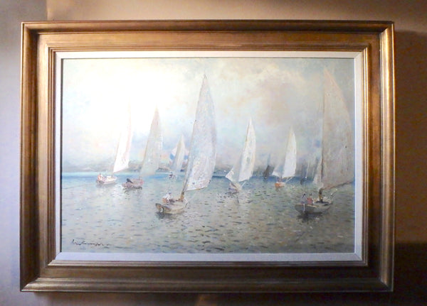 Lucian Freud Rare Original Vintage Modern UK British London Slade School Contemporary Surreal Seascape Sailboat Regatta Oil Painting