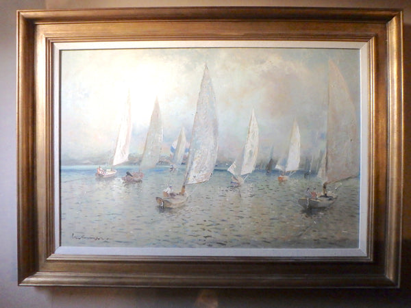 Lucian Freud Rare Original Vintage Modern UK British London Slade School Contemporary Surreal Seascape Sailboat Regatta Oil Painting