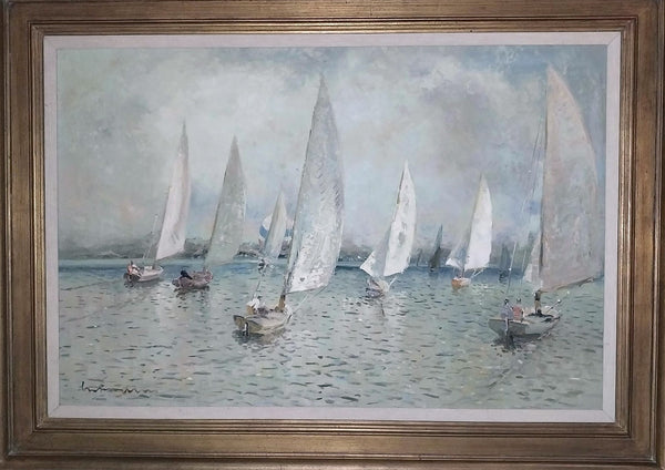 Lucian Freud Rare Original Vintage Modern UK British London Slade School Contemporary Surreal Seascape Sailboat Regatta Oil Painting