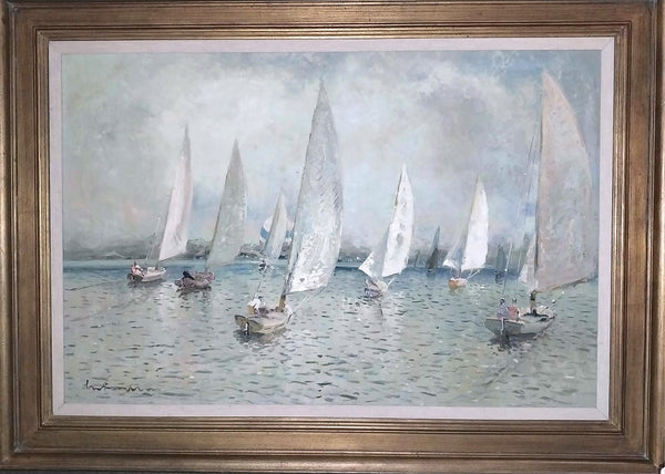 Lucian Freud Rare Original Vintage Modern UK British London Slade School Contemporary Surreal Seascape Sailboat Regatta Oil Painting