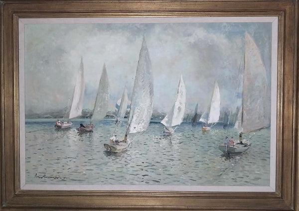 Lucian Freud Rare Original Vintage Modern UK British London Slade School Contemporary Surreal Seascape Sailboat Regatta Oil Painting