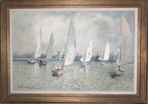 Lucian Freud Original Vintage Modern UK London Slade School Seascape Sailboat Regatta Oil Painting