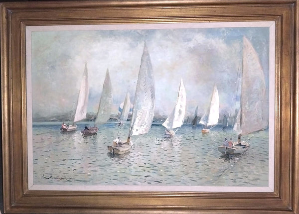 Lucian Freud Rare Original Vintage Modern UK British London Slade School Contemporary Surreal Seascape Sailboat Regatta Oil Painting