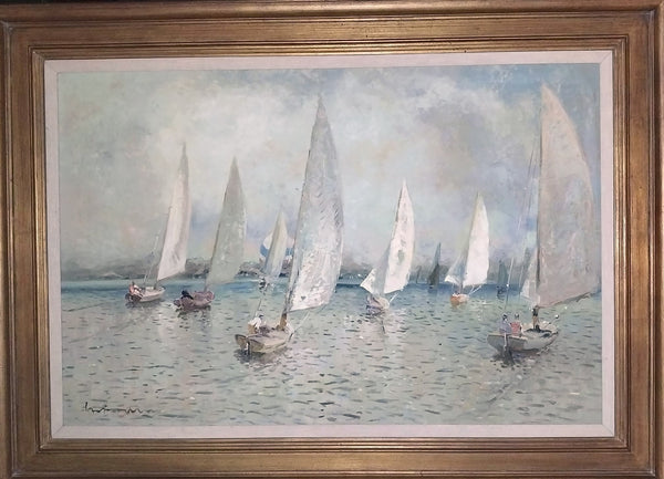 Lucian Freud Rare Original Vintage Modern UK British London Slade School Contemporary Surreal Seascape Sailboat Regatta Oil Painting