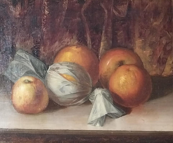 Alberta Binford McCloskey Original California Still Life Tissue Paper Wrapped Tangerine Oranges Lady Apples Antique American Oil Painting