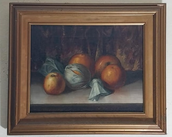 Alberta Binford McCloskey Original California Still Life Tissue Paper Wrapped Tangerine Oranges Lady Apples Antique American Oil Painting