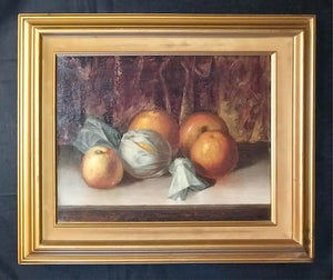 Alberta Binford McCloskey Original California Still Life Tissue Paper Wrapped Tangerine Oranges Lady Apples Antique American Oil Painting