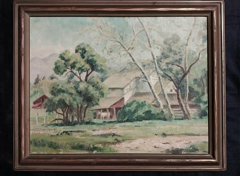 Paul Starrett Sample Original Vintage Modern California Regionalism American Farm Landscape Oil Painting