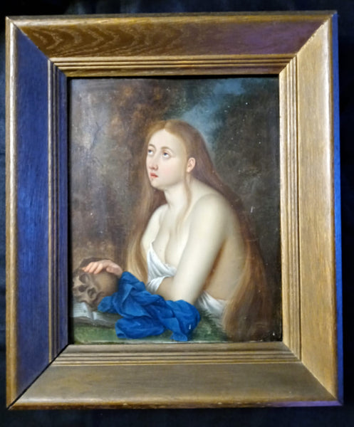 Circle of Titian Tiziano Vecellio Pieve di Cadore  Antique 16th Century Venetian School High Renaissance Italian Lead Master Oil Painting on Copper Panel The Penitent Magdalene Mary Magdalene In a Cave With the Skull of Adam