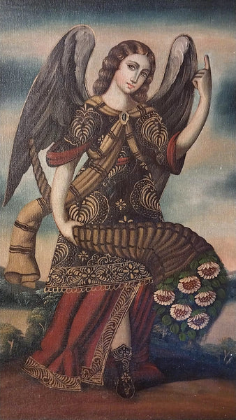 Peruvian 20th C Spanish Colonial Cuzco School Escuela Cuzqueña Catholic Religious Icon Oil Painting Archangel Rafael